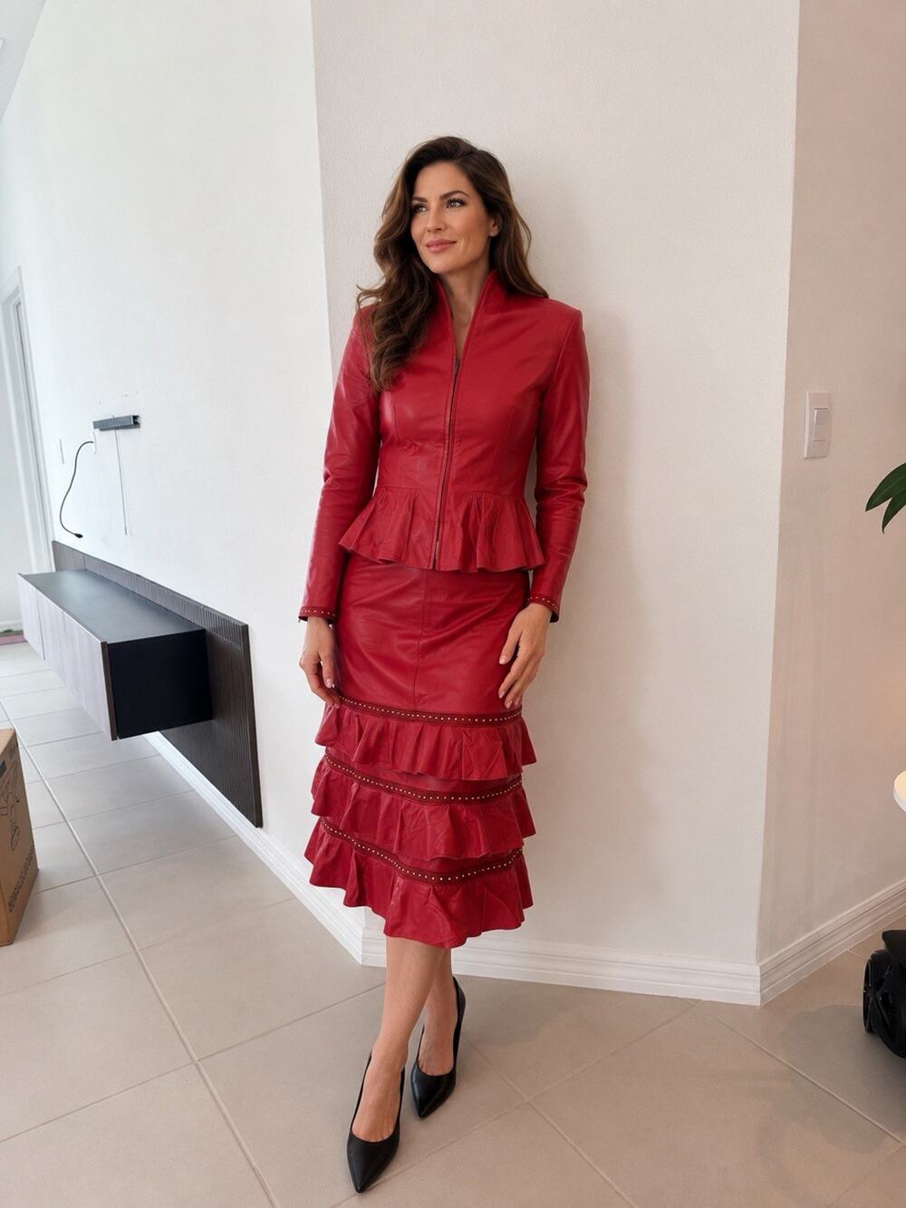 Donna Lepure New York Red Leather 2-Piece Skirt Suit Set Peplum Jacket Size 3X